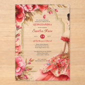 Quinceañera Rood Gouden Mis Quince Jurk Bloemen Acryl Uitnodigingen (Voorkant)