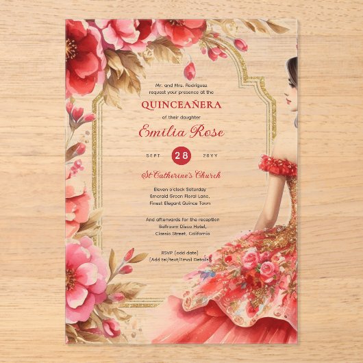 Quinceañera Rood Gouden Mis Quince Jurk Bloemen Acryl Uitnodigingen (Voorkant)