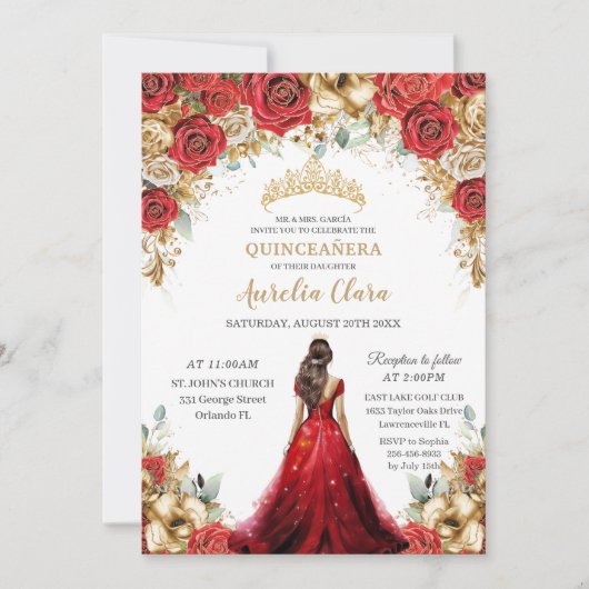 Quinceañera Rood Gouden Rozen Bloemige Prinsessenj Kaart (Voorkant)