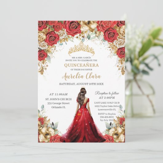 Quinceañera Rood Gouden Rozen Bloemige Prinsessenj Kaart (Staand voorkant)
