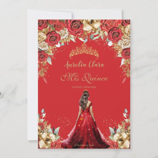 Quinceañera Rood Gouden Rozen Bloemige Prinsessenj Kaart (Achterkant)