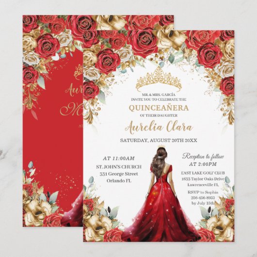 Quinceañera Rood Gouden Rozen Bloemige Prinsessenj Kaart (Voorkant / Achterkant)