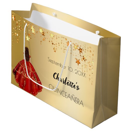 Quinceanera rood gouden sterren jurk tiara groot cadeauzakje (Voorkant Gekanteld)