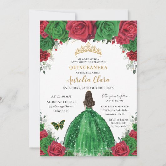 Quinceañera Rood Groen Rozen Bloemen Prinses Goud Kaart (Voorkant)