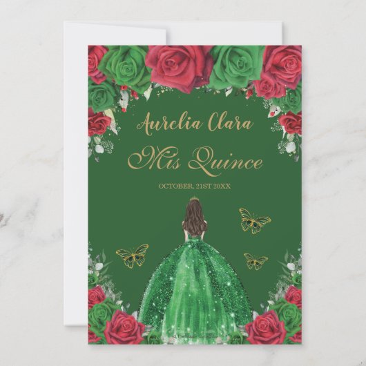 Quinceañera Rood Groen Rozen Bloemen Prinses Goud Kaart (Achterkant)