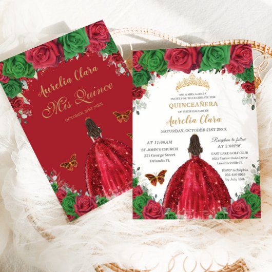 Quinceañera Rood Groen Rozen Bloemen Prinses Goud Kaart