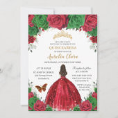 Quinceañera Rood Groen Rozen Bloemen Prinses Goud Kaart (Voorkant)