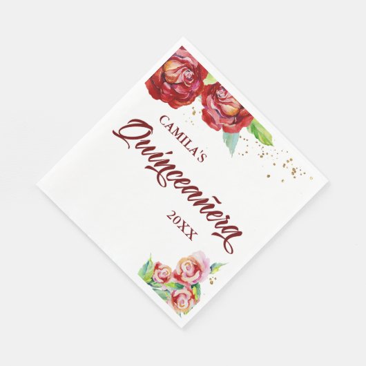 Quinceanera  Rood Roze Goud Bloemen Custom Servet (Hoek)