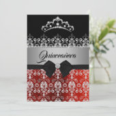 Quinceanera Rood Zilver Sparkle Diamond Tiara Bow Kaart (Staand voorkant)