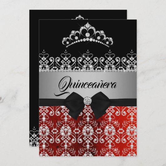 Quinceanera Rood Zilver Sparkle Diamond Tiara Bow Kaart (Voorkant / Achterkant)