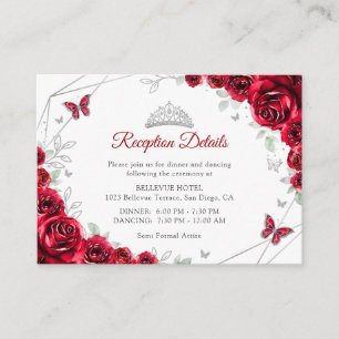 Quinceanera Rood Zilveren Bloemendetails Informatiekaartje
