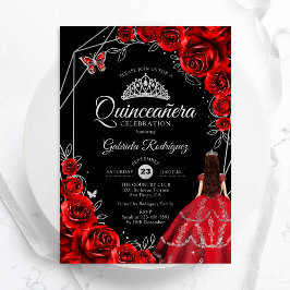 Quinceanera rood zilveren vlinderjurk bloem kaart