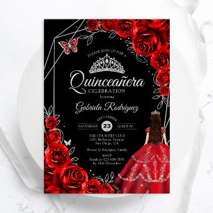 Quinceanera rood zilveren vlinderjurk bloem kaart