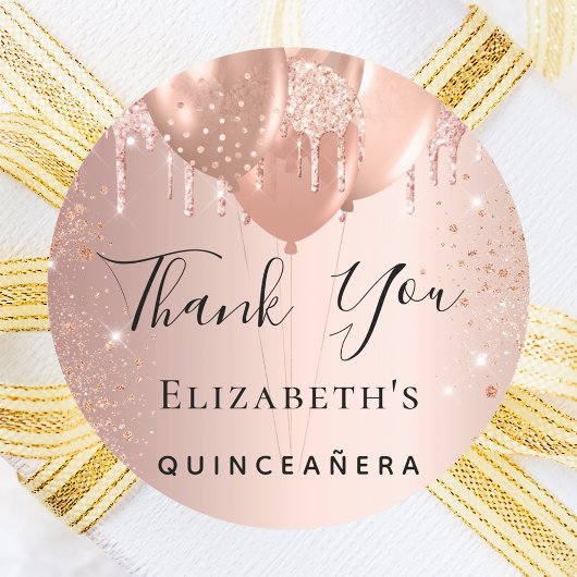 Quinceanera roos blush glitter ballon ronde sticker