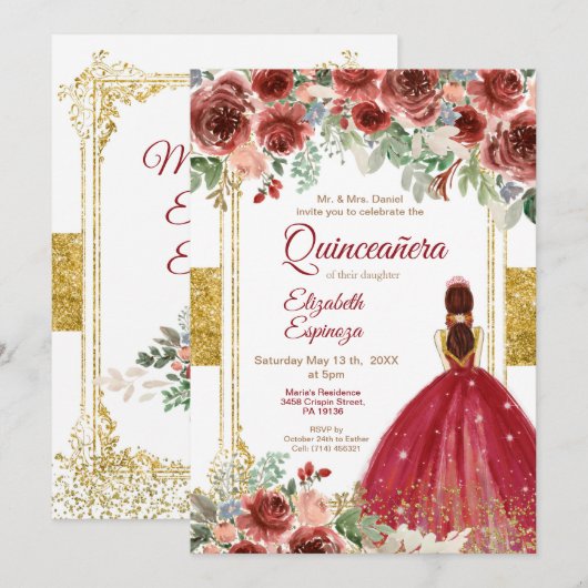 Quinceañera Roos Burgundy Gold  Kaart (Voorkant / Achterkant)