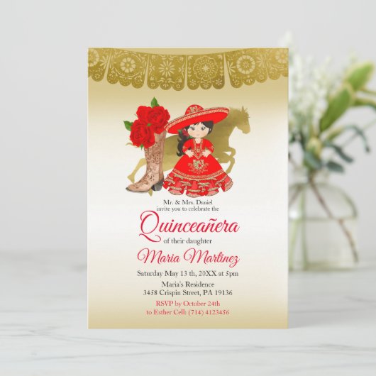 Quinceañera Roos Burgundy Gold Mexican Kaart (Staand voorkant)
