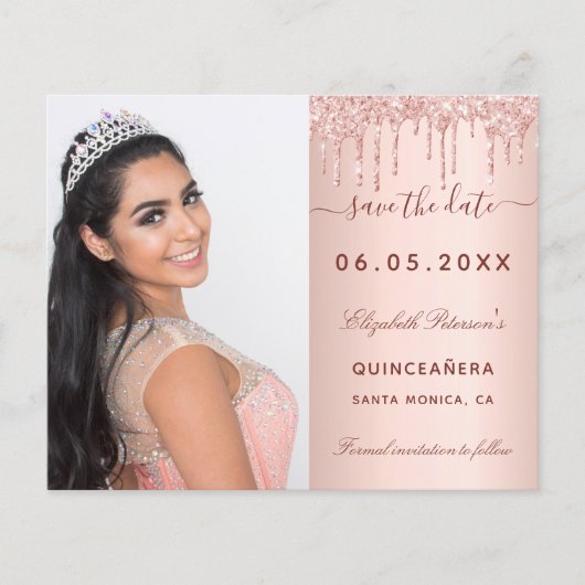 Quinceanera roos foto QR De datumkaart opslaan (Voorkant)