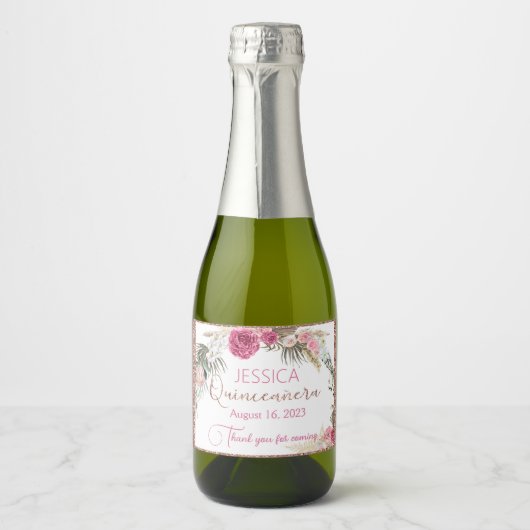 Quinceanera Roos Glans Mini Mousserende Wijn Sparkling Wijnetiket (Voorkant)