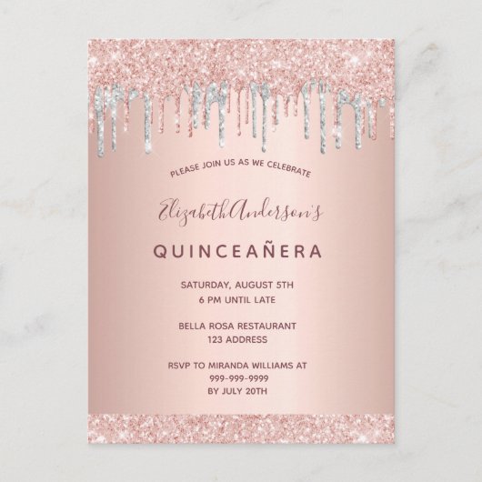 Quinceanera roos glitter blush Silver Briefkaart (Voorkant)
