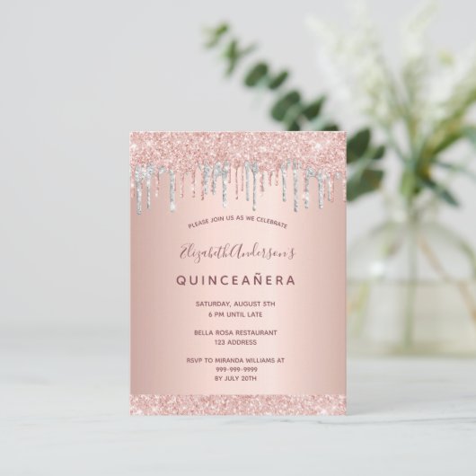Quinceanera roos glitter blush Silver Briefkaart (Staand voorkant)