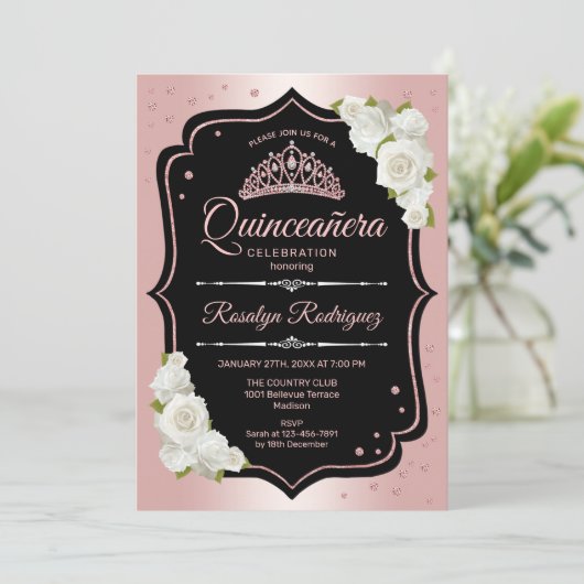 Quinceanera - Roos Gold Black White Kaart (Staand voorkant)