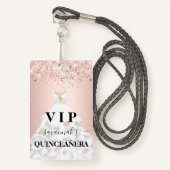 Quinceanera roos Gold blush glitter substance vip Badge (Voorkant met draagriem)