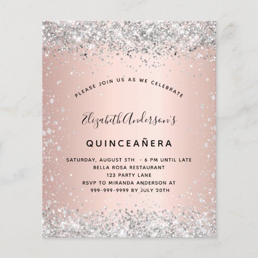 Quinceanera roos gold budget uitnodiging flyer (Voorkant)