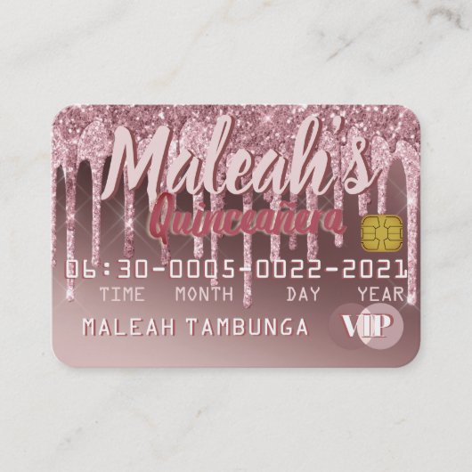 Quinceañera Roos Gold Drip Glitter Kortingskaartje (Voorkant)