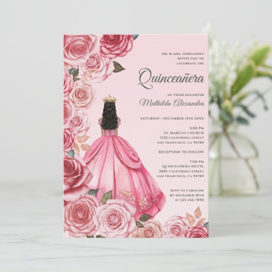 Quinceanera Roos Gold Elegant Princess Floral Kaart (Staand voorkant)