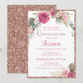 Quinceanera Roos Gold Floral Glitter Uitnodiging (Voorkant / Achterkant)