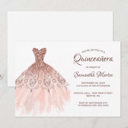 Quinceanera Roos Gold Glitter Dress on White Party Kaart (Voorkant / Achterkant)