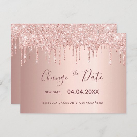 Quinceanera roos gold glitter drip verander datum briefkaart (Voorkant / Achterkant)
