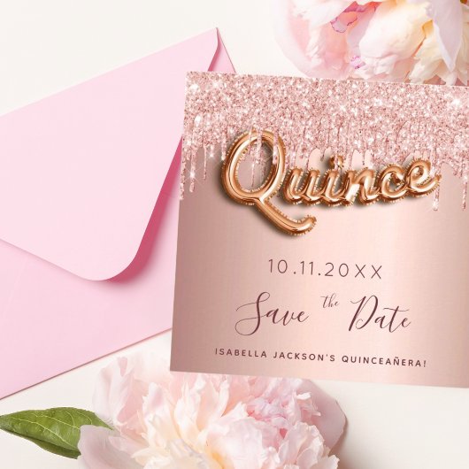 Quinceanera roos gold glitter save the date kaart