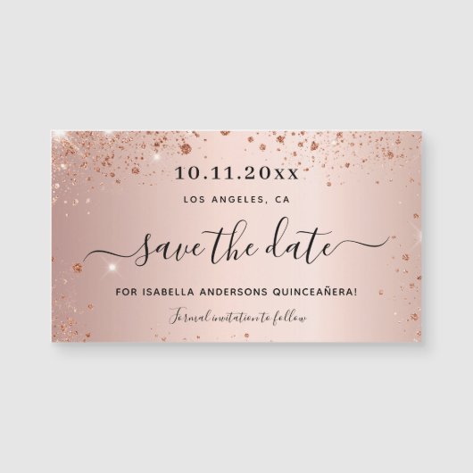Quinceanera roos gold glitter save the date magnet (Voorkant)