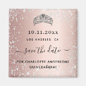Quinceanera roos gold glitter tiara save the date magneet (Voorkant)
