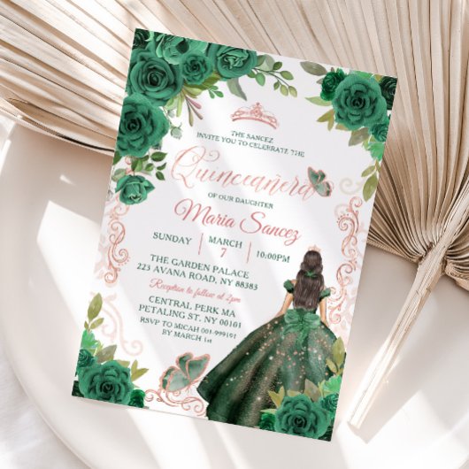 Quinceañera Roos Gold Hunter Green Floral Kaart
