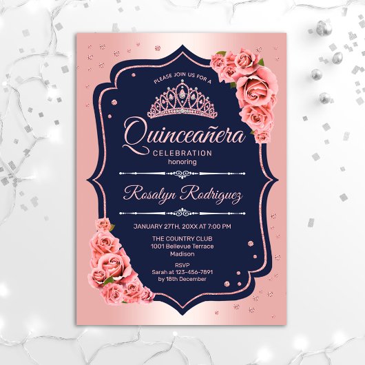 Quinceanera - Roos Gold Navy Kaart