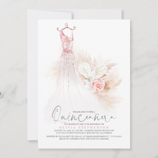 Quinceañera Roos Gold Pampas Grass 15th Birthday Kaart (Voorkant)