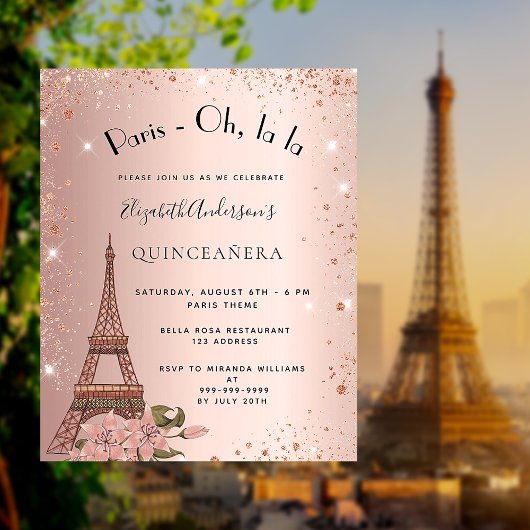 Quinceanera roos gold Paris budget uitnodiging Flyer