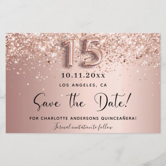 Quinceanera roos gold save the date kaart (Voorkant)