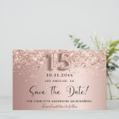 Quinceanera roos gold save the date kaart (Staand voorkant)