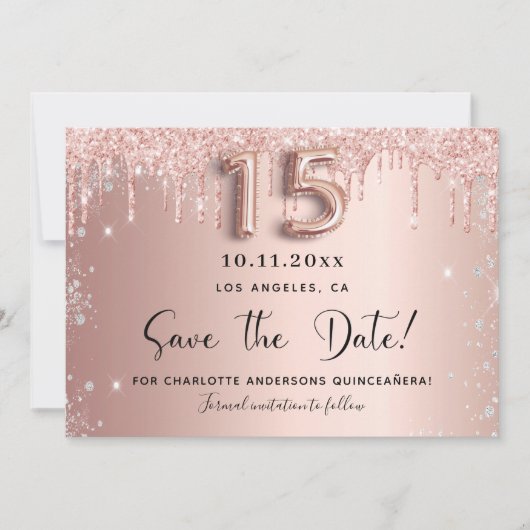 Quinceanera roos Gold Silver Glitter, behalve de d Save The Date (Voorkant)