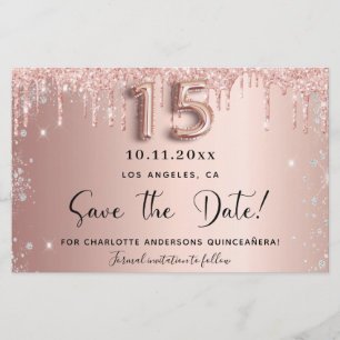 Quinceanera roos Gold Silver Save the date Kaart