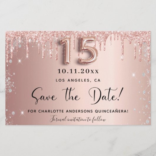 Quinceanera roos Gold Silver Save the date Kaart (Voorkant)