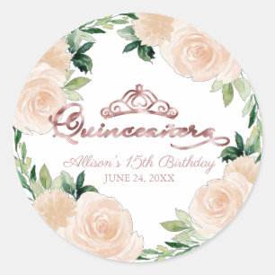 Quinceanera Roos Gold Tiara Blush Pink Floral Ronde Sticker