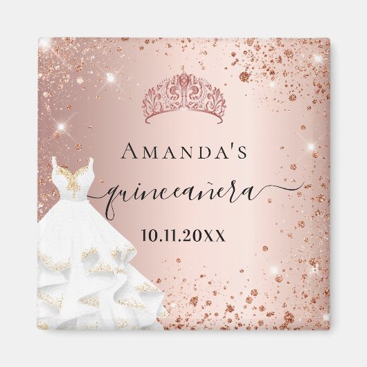 Quinceanera roos gold tiara jurk glitter magneet (Voorkant)