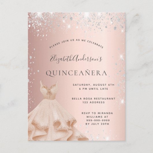 Quinceanera roos Gold zilverglitter Uitnodiging Briefkaart (Voorkant)