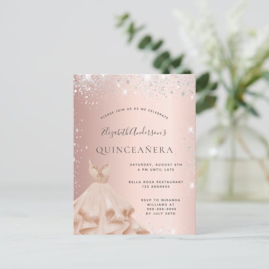 Quinceanera roos Gold zilverglitter Uitnodiging Briefkaart (Staand voorkant)