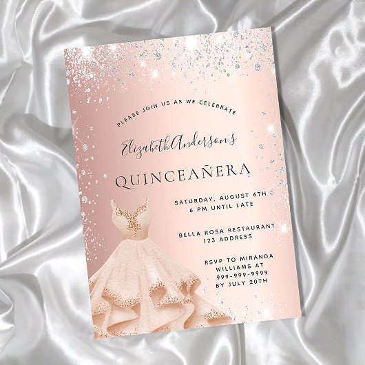 Quinceanera roos Gold zilverglitter Uitnodiging Briefkaart