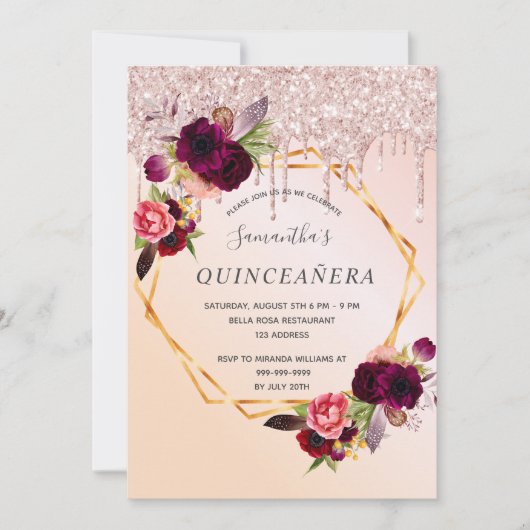 Quinceanera roos goud druipt florale bordeaux kaart (Voorkant)